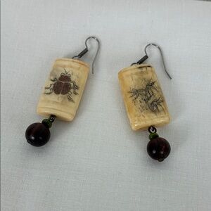 Handcrafted Cream and Brown Earrings Mahjong Carved Bone Beetle Vintage